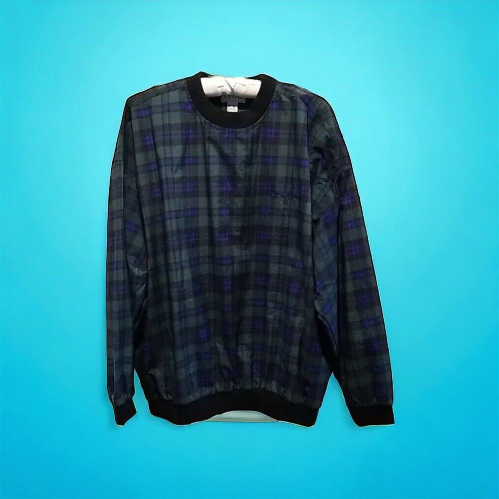 Vintage Izod Pullover Jacket Mens Extra Large Green Plaid Golf Wind Shirt Preppy